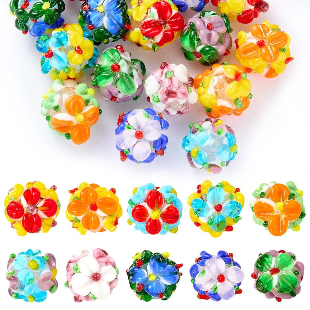 4762 20 Pcs Round Flower Lampwork Glass Beads for Jewelry Making Bulk Bumpy